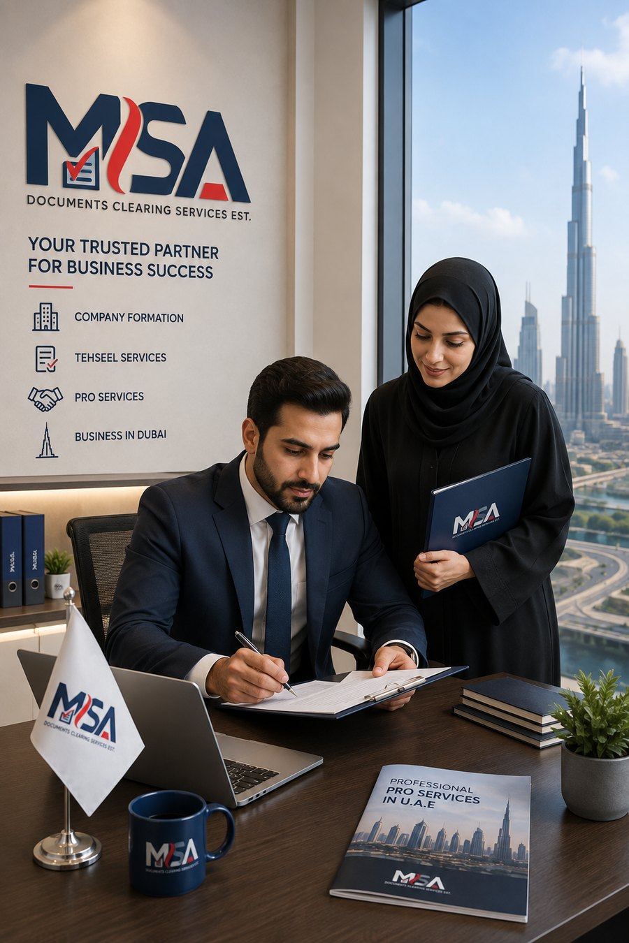MSA team reviewing client documents in the Dubai office