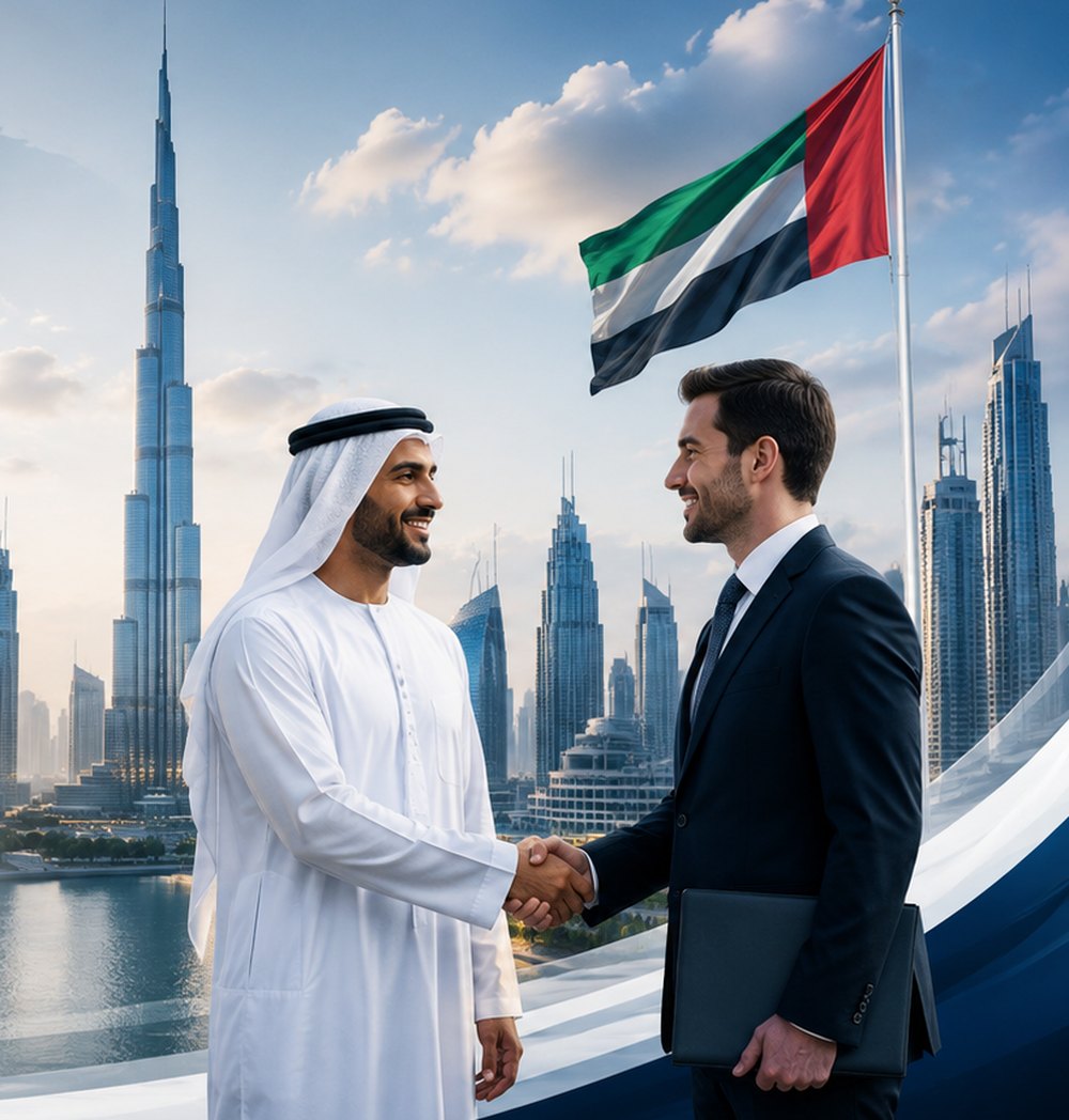 A business owner shaking hands with an MSA PRO consultant in front of the Dubai skyline